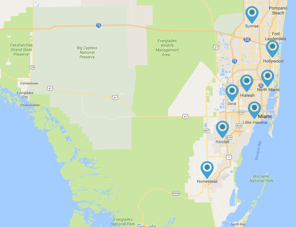 Map of South Florida COR Injury Centers Locations